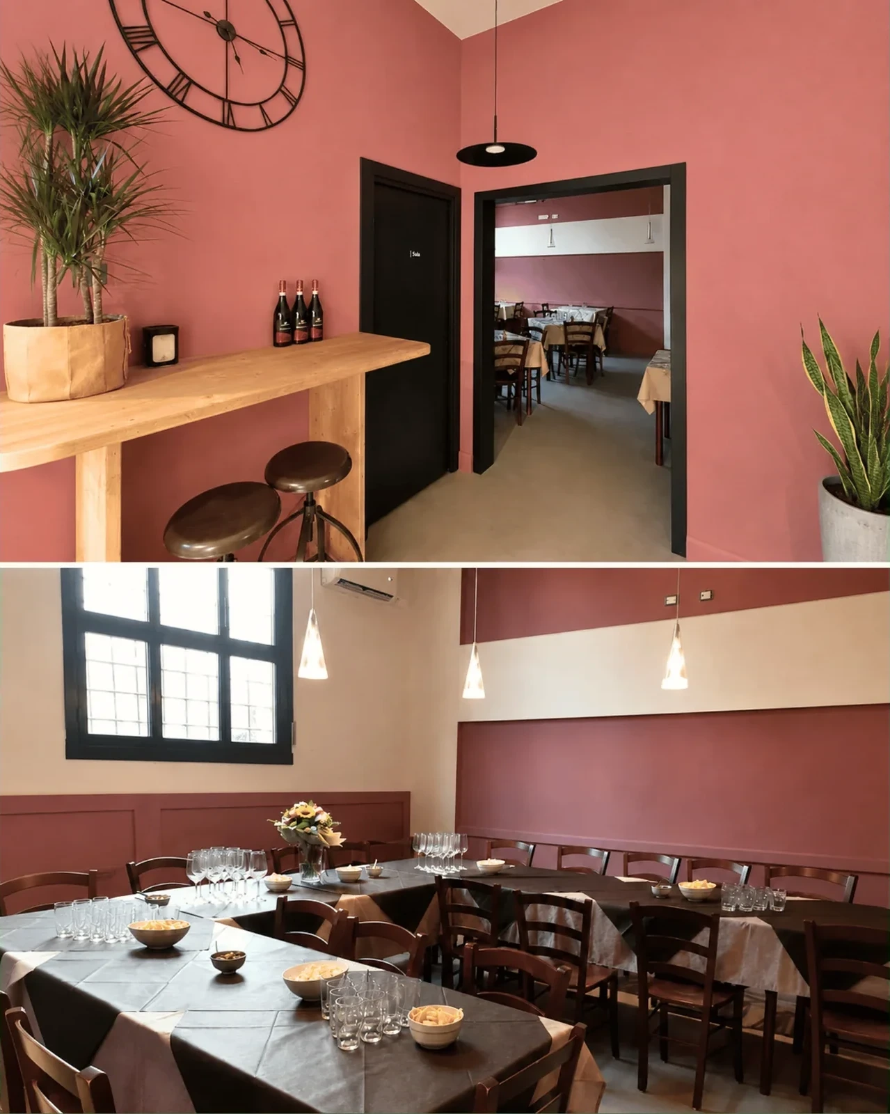 Le due salette dell'Osteria Riki & Mauri: bancone in legno e sala apparecchiata